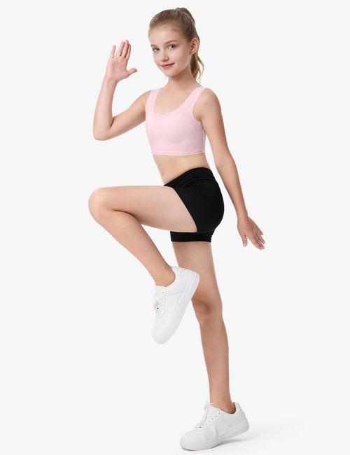 BOOPH Girls Training Bras Kids Seamless Bras Longline Crop Fixed Pads Bra Chest Double Lined for Teen Girl Sports - Skin Pink Blue White 9-11Y