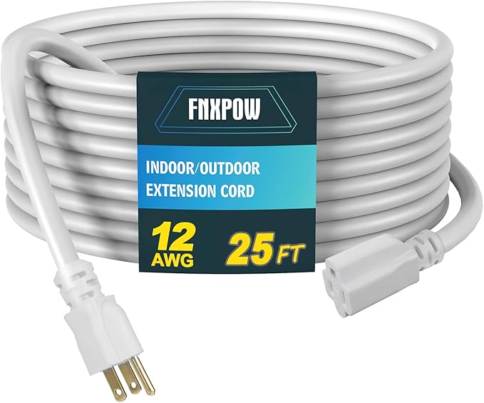Indoor Outdoor Extension Cord, 12 Gauge 3 Prong Weatherproof Heavy Duty White Extension Cords，12/3 SJTW 15A 25 FT Extension Cable for Garage, Garden and Home, UL Listed
