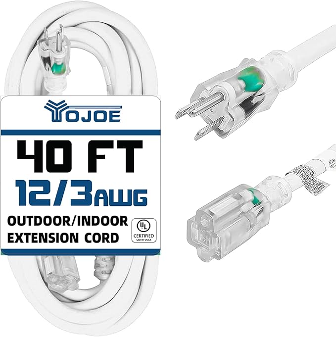 YOJOE Indoor Outdoor Extension Cord with Lighted End, 3 Prong 15A Weatherproof Power Cord, 12 Gauge Heavy Duty 40 ft White Extension Cord for Garage, Garden and Home, 12/3 SJTW UL Listed