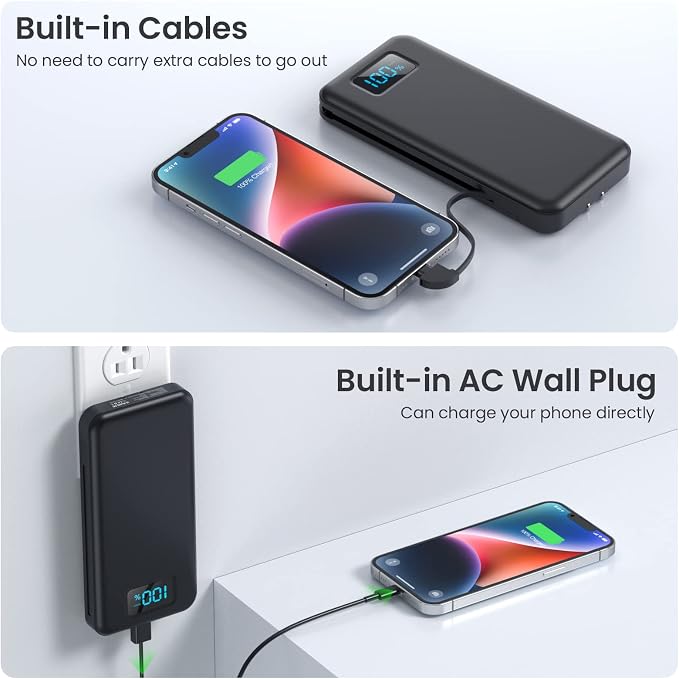 Portable Charger for iPhone with Built in Cables & Wall Plug,10800mah Travel Essentials Power Bank,4 Output LCD Display External Battery Pack Phone Charger for iPhone 17/16/15/14,Galaxy,Android etc