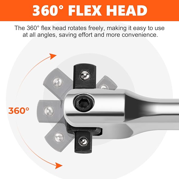 Breaker Bar 3/8" & 1/2" Dual Drive, 16-Inch Length, Heavy Duty Breaker Bar with 360° Flex Head, CR-MO Steel