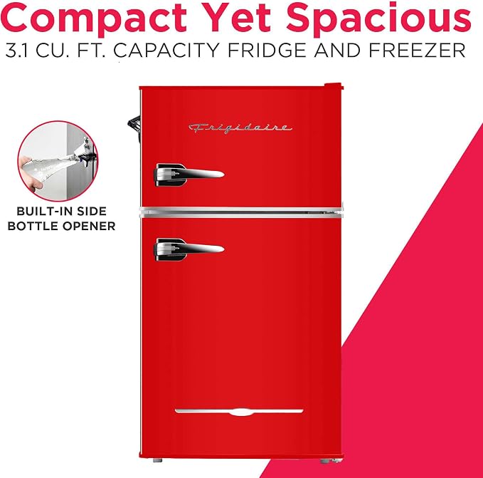 Frigidaire Retro Compact Fridge Freezer Combo, 3.1 cu. ft. Capacity, Small Top Freezer Refrigerator, Mini Fridge with Built-in Bottle Opener – 19”"D x 20.5" W x 33.5" H (Red)