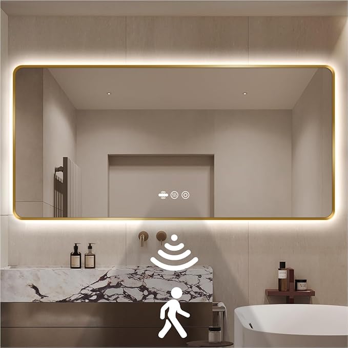 66 x 36 Gold LED Bathroom Mirror, Metal Framed Rounded Corner Rectangle Backlit Mirror Bathroom, Anti-Fog, 3-Color Stepless Dimmable Lighted Mirror, Motion Sensor Lights, Memory Function