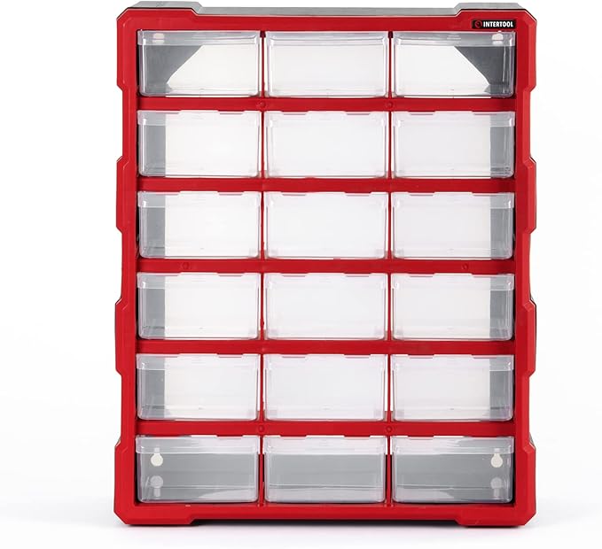 INTERTOOL Small Parts Organizer for Hardware & Screws | 18 Removable Bins with Dividers | Wall Mount or Desktop Craft & Lego Storage Cabinet | 19” x 15” x 7” BX08-4019