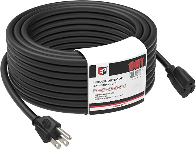 EP 100 Ft Outdoor Extension Cord - 16/3 SJTW Black Electrical Cable with 3 Prong Grounded Plug