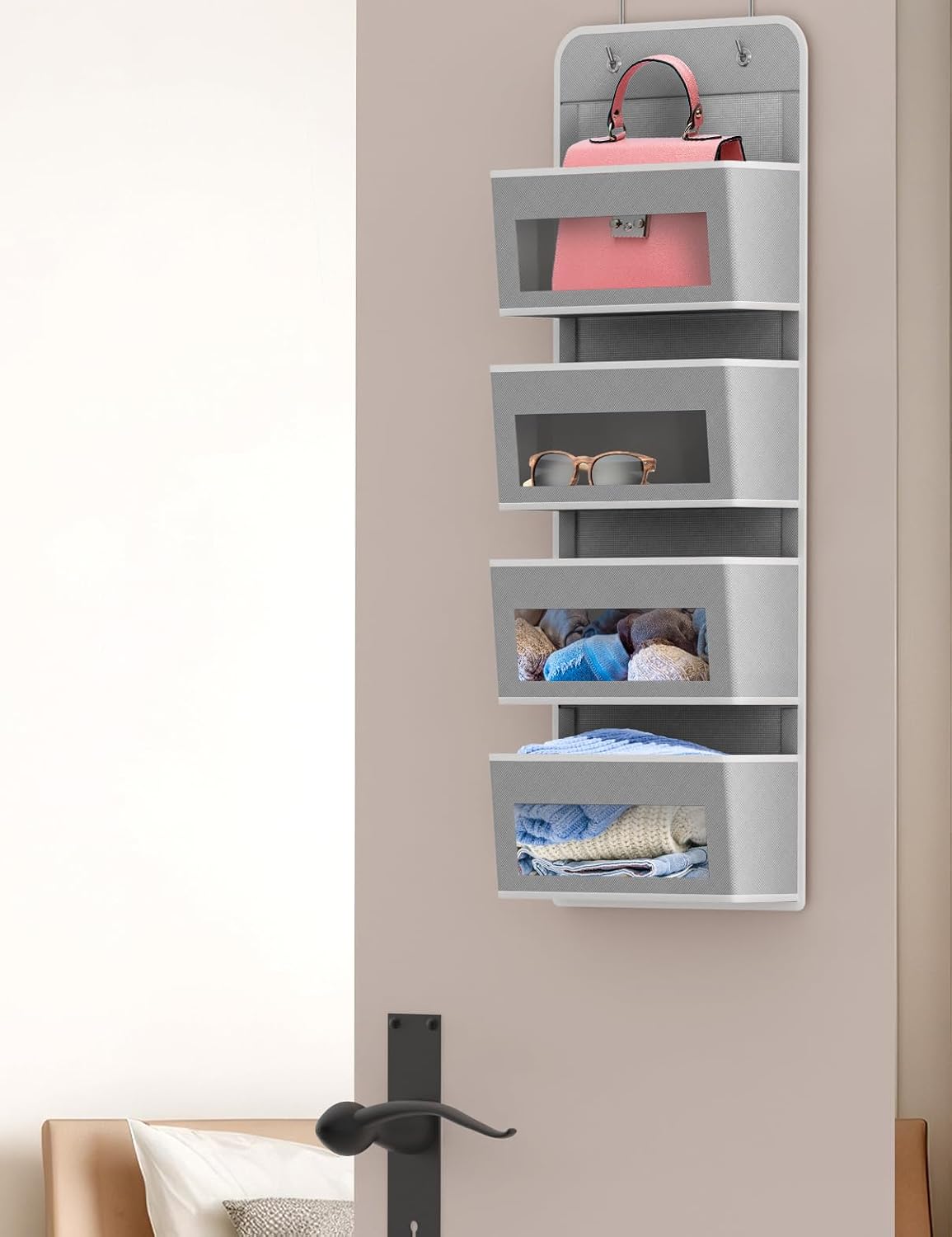 Simple Houseware 4 Clear Window Pocket Over Closet Door Storage Hanging Organizer for Bedroom, Bathroom, Pantry, Gray