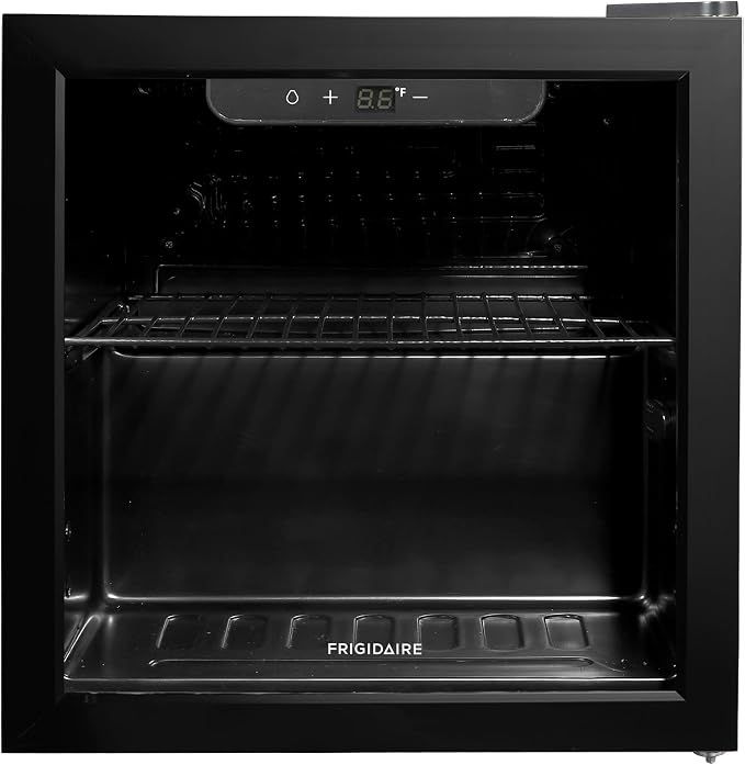 FRIGIDAIRE 12-Bottle Cooler, 1.2 Cu. Ft. Glass Door Beverage Refrigerator, Digital Display Mini Fridge with Touch Controls, Adjustable Shelves, LED Lighting & Quiet Compressor Cooling