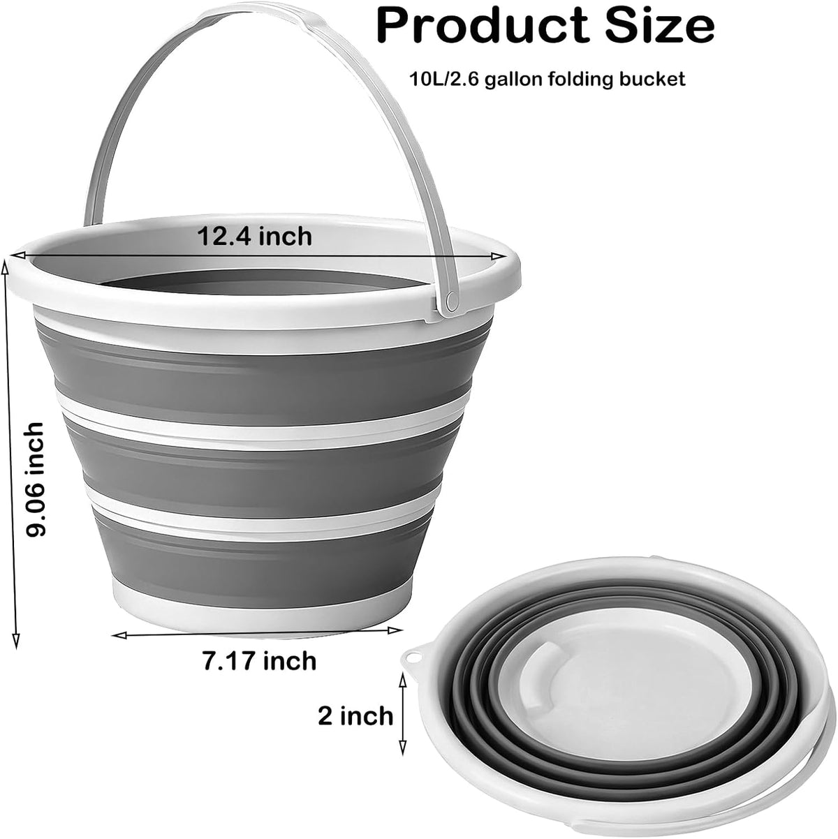 Collapsible Bucket with Handle 10L (2.6Gal), BPA Free Foldable Round Plastic Water Bucket, Portable Space Saving Tub for Car Washing Gardening Camping Fishing Home Cleaning (Grey, 10L)