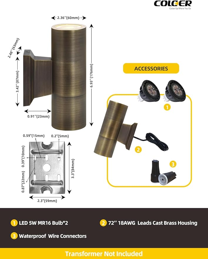 COLOER Brass Outdoor Cylinder Wall Lights(Bronze 6.875" H x 4.25" W) with 5W LED MR16, 12V Low Voltage Porch Light in 2 Lights, 2700K Up Down Lights, Outside Light for House Porch Patio Door