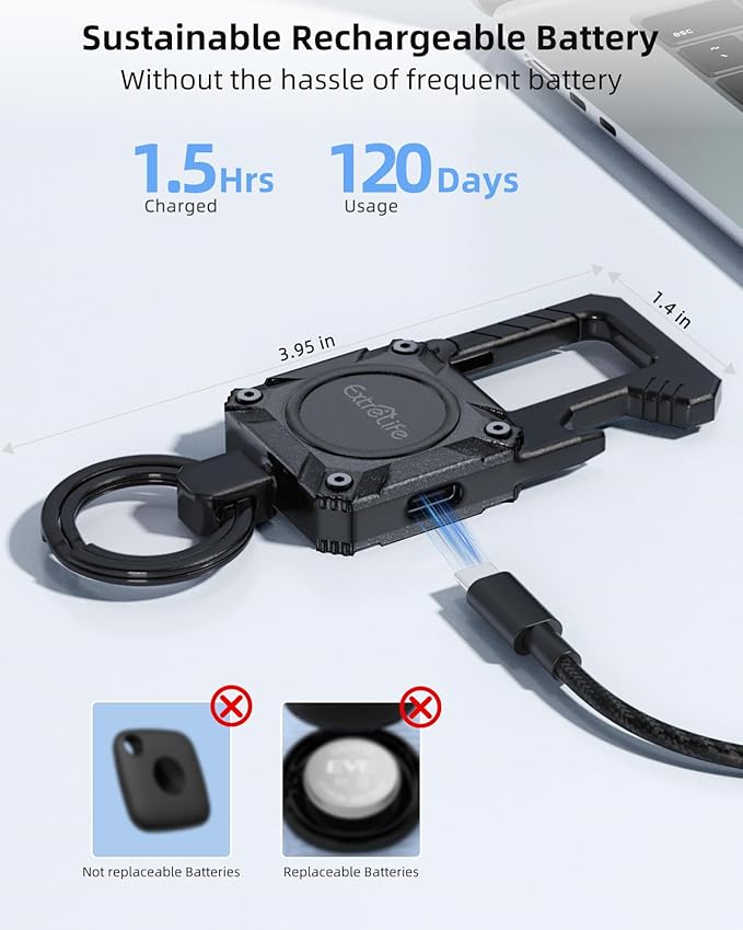 Keychain, Works with Apple Find My, Heavy Duty Keychain Bottle Opener, Carabiner Car Key Chains with Gps Tracker, Key Finder, Bluetooth Tracker for Luggage, Kids, Bags and More, Rechargeable, Black