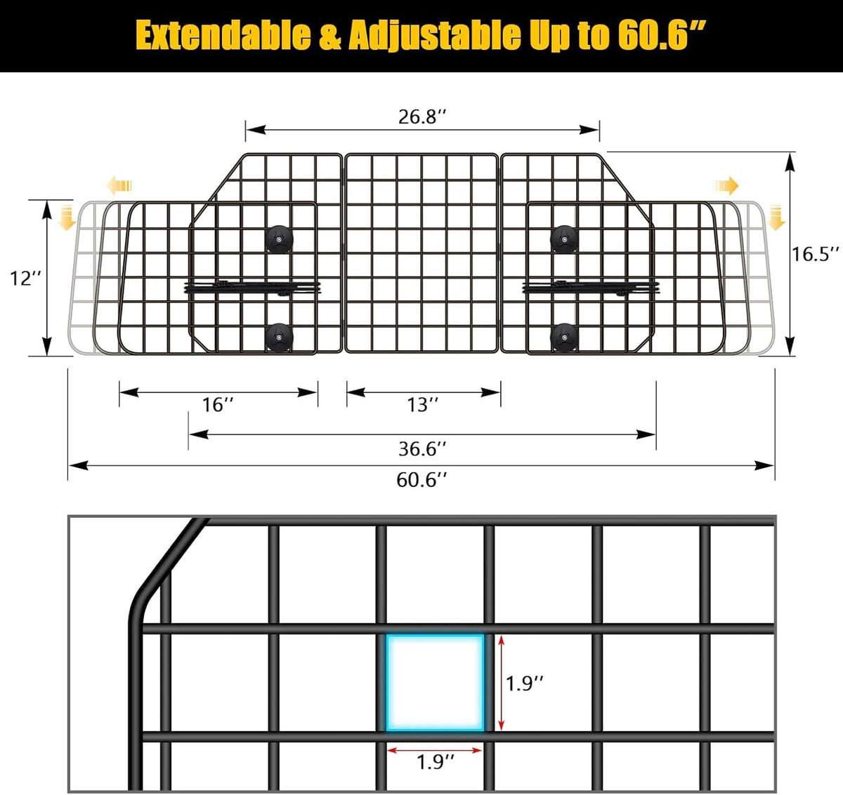 Gtongoko Dog Car Barrier for SUV, Heavy Duty Steel Wire Mesh Pet Divider for Vehicles Adjustable Universal Fit Dog Travel Barrier for Cars Trucks & SUVs, Cargo Area Safety Gate with Elastic Ropes