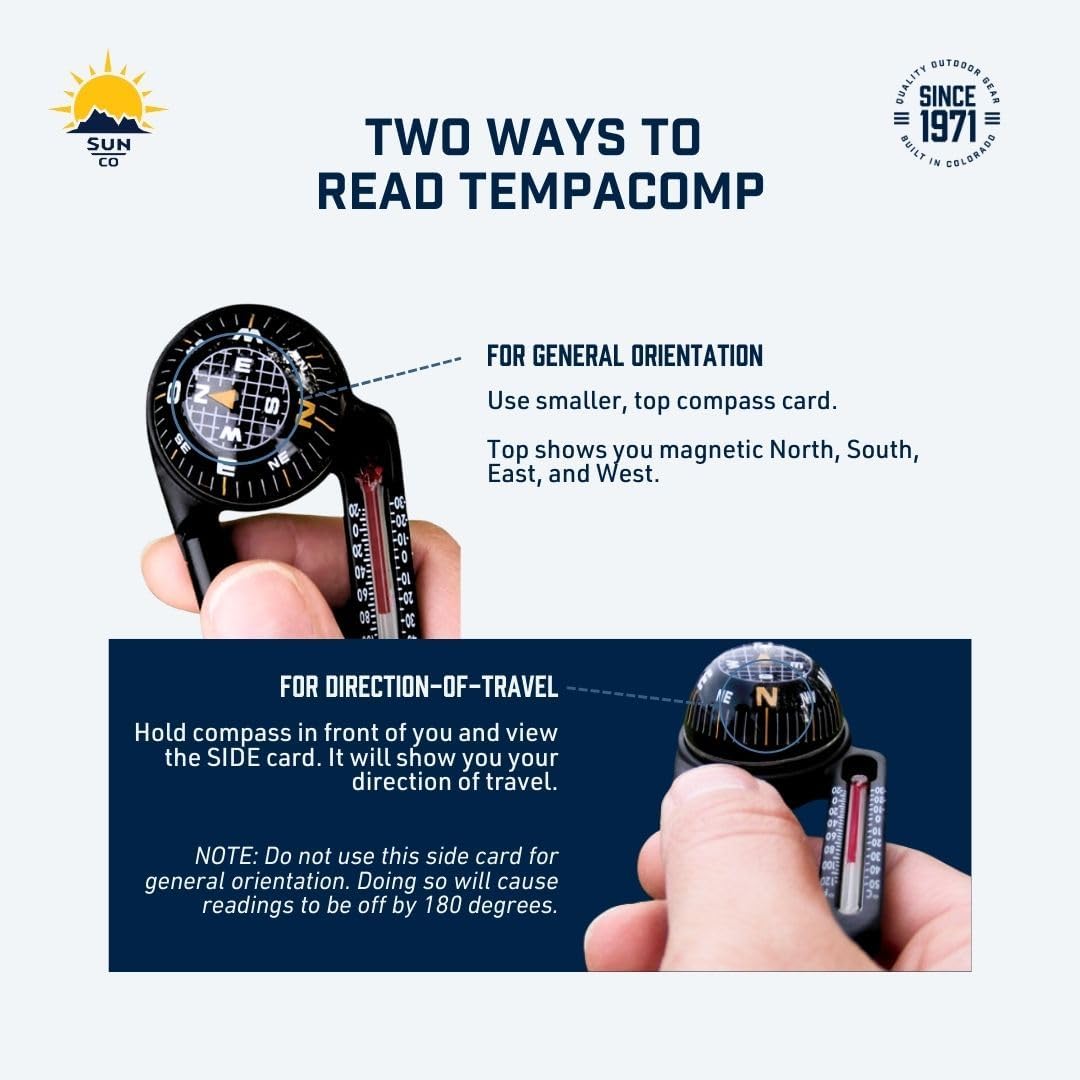 Sun Company TempaComp - Ball Compass and Thermometer Carabiner | Essential Hiking & Camping Accessory | Clips to Pack or Jacket