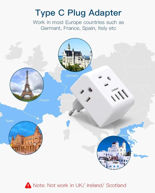**Skiennix European Travel Plug Adapter - 3 Outlets & 4 USB Ports (2 USB-C) for EU Countries**