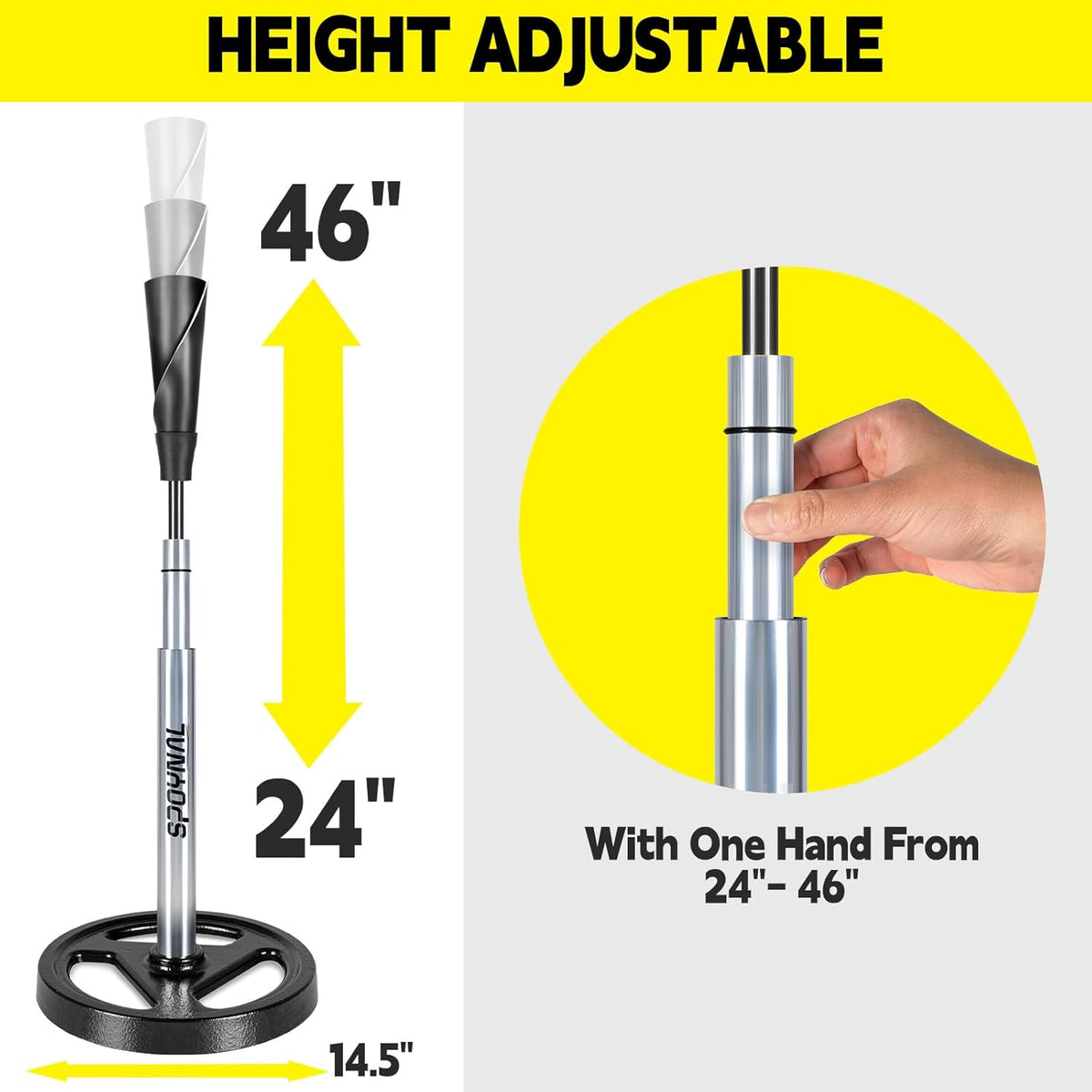 SPOYNAL Portable Batting Tee - Adjustable Height 24" to 46" | Durable Rubber Top for Baseball & Softball Training