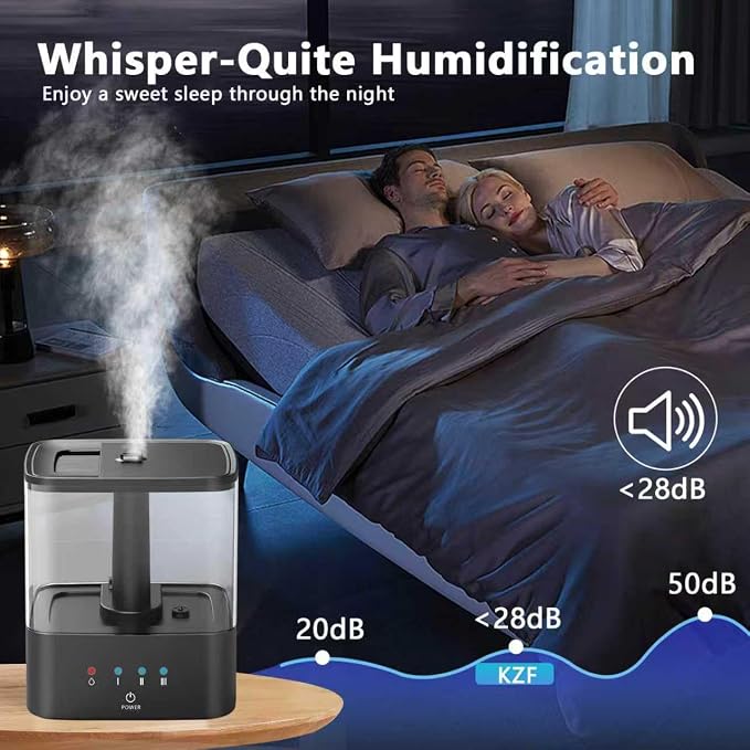 KZF 4L Top Fill Humidifiers for Bedroom & 60H Runtime - Cool Mist Humidifier, 3 Mist Levels, 8H Timer, Essential Oil Tray, Humidity Display, Quiet for Bedroom, Baby, Plants, Large Room (Black, 3.8L)