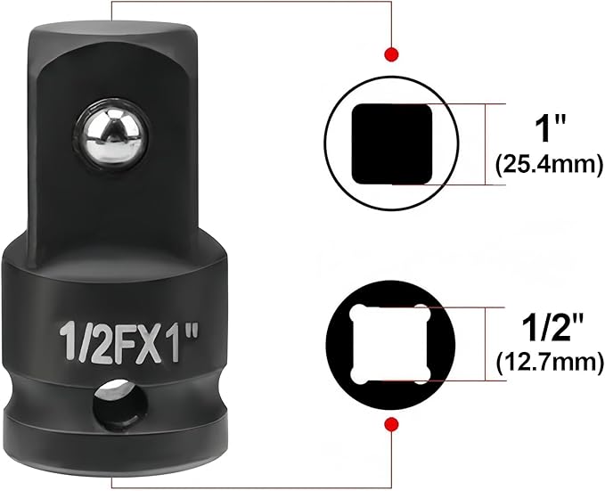1/2" Drive (Female) x 1" (Male) Impact Socket Adapter, CR-MO Steel, Compatible with Air Impact Wrenches, Breaker Bars, Ratchets