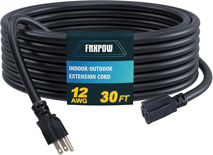 Indoor Outdoor Extension Cord, 12 Gauge 3 Prong Weatherproof Heavy Duty Black Extension Cords，12/3 SJTW 15A 30 FT Extension Cable for Garage, Garden and Home, UL Listed