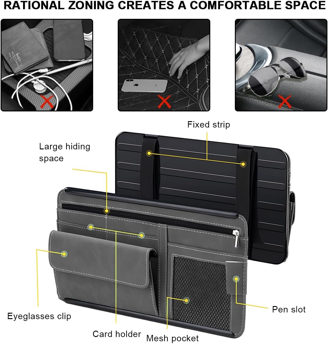 Car Sun Visor Organizer, Leather Sun Visor Pocket Organizer Case with Multi-Pocket Net Zipper, Suede Note Holder Car Visor Storage Pouch for Card Pen Sunglasses Document (Brown)