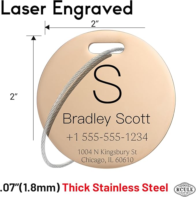 Stainless Luggage Tags for Suitcases 4 Pack: Metal Personalized Luggage Tags for Backpacks & Bags with Customizable Texts (Rose Gold)