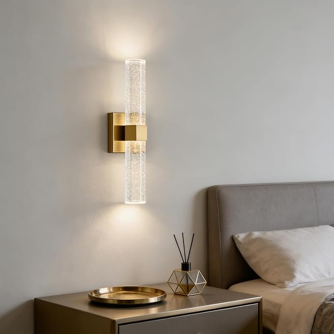 HOLKIRT Gold Bath Vanity Light Crystal Wall Sconce Light 15.7" Modern LED Vanity Wall Light Over Mirror with Seeded Crystal Rods 3000K/4000K/6500K Indoor Wall Lamp for Bathroom Bedroom Hallway