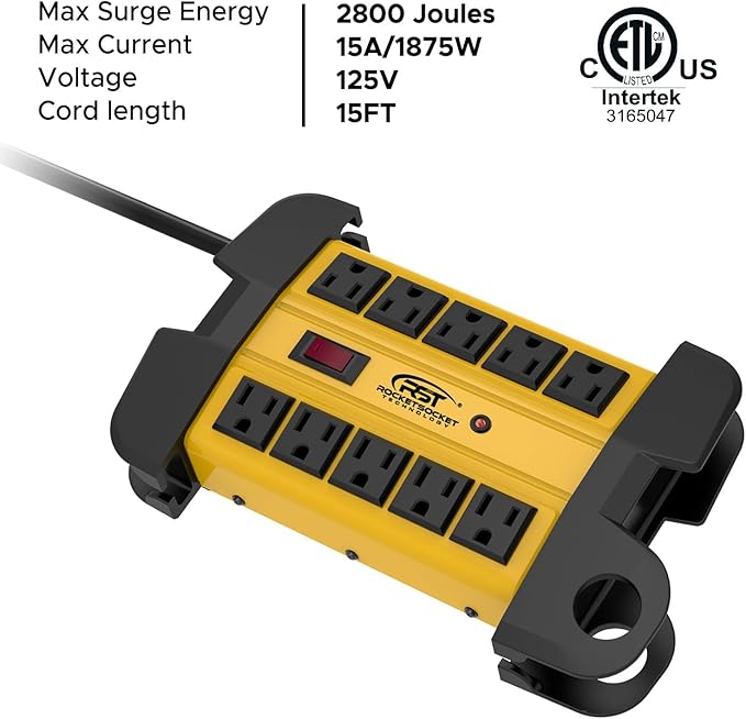 CRST 10-Outlets Heavy Duty Power Strip Metal Surge Protector with 15 Amps, 15-Foot Long Cord 2800 Joules for Garden, Kitchen, Office, School, ETL Listed(2-Pack)
