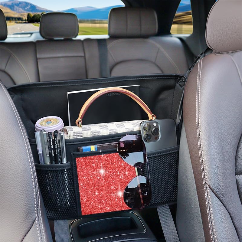 Red Diamond Car Handbag Holder Between Seats Bling Rhinestone Car Storage Bag Large Capacity Purse Phone Automotive Consoles Organizer Safe Barrier of Backseat Pet Kids