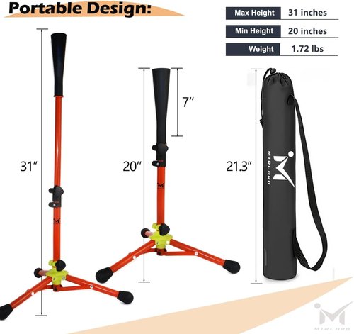 Baseball Batting Tee for Kids | Adjustable 20-31 in Tripod T-Ball Trainer with Carry Bag