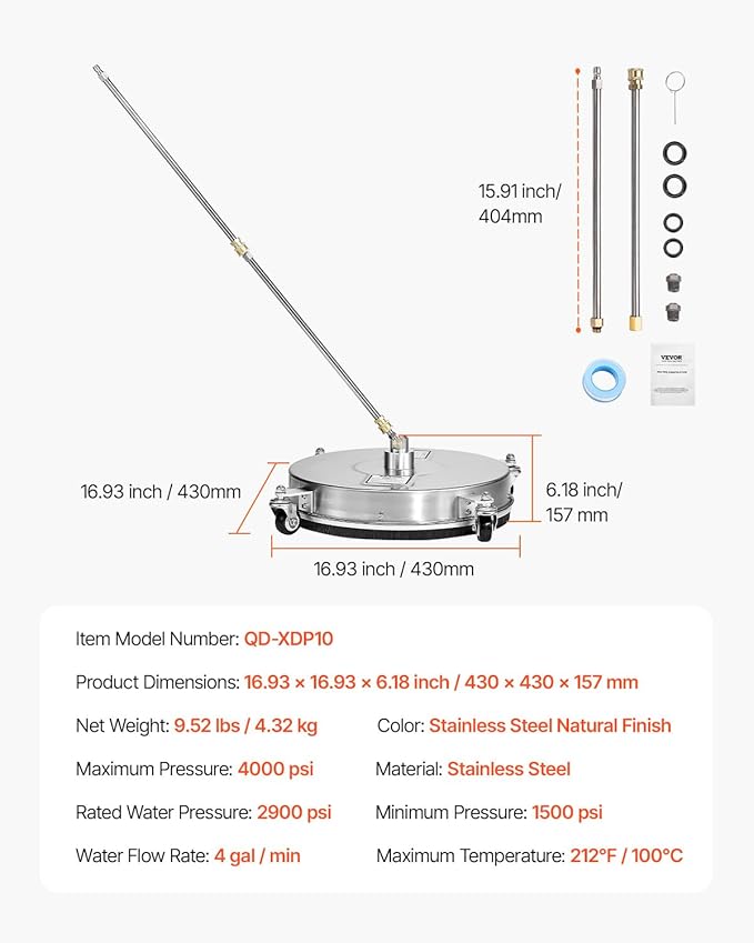 VEVOR 16.5 Inch Pressure Washer Surface Cleaner, 4000 PSI Stainless Steel Attachment with 4 Wheels, 2 Nozzles, 1/4 Inch Quick Connect and 2 Wands for Concrete, Patio, Deck