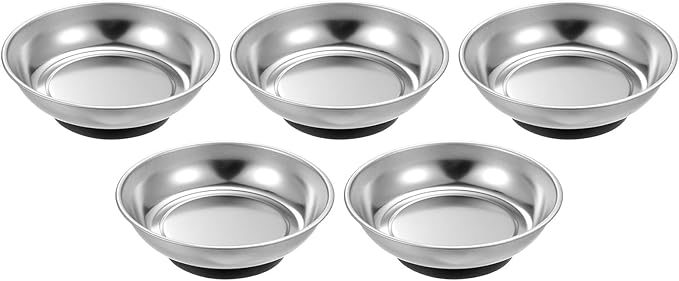 HARFINGTON 5pcs Round Magnetic Tray 4" x 1.26" Stainless Steel Magnet Tool Tray Parts Holder for Socket Screw Nuts Bolts Pin Washers Metal Parts
