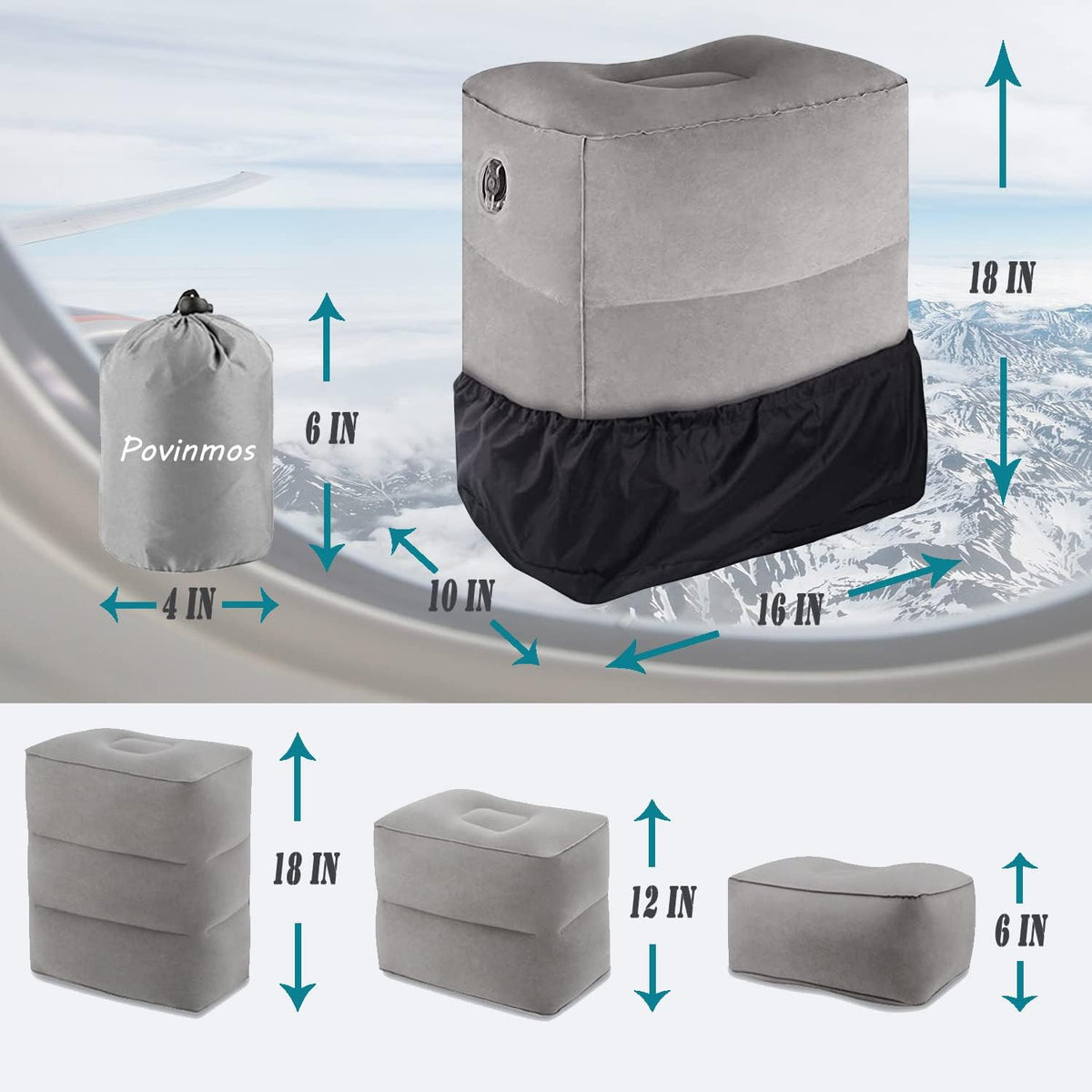 Inflatable Foot Rest Pillow for Travel, Adjustable Height Airplane Foot Cushion for Long Flights, Portable Comfort Footrest for Car, Office and Travel (Gray)