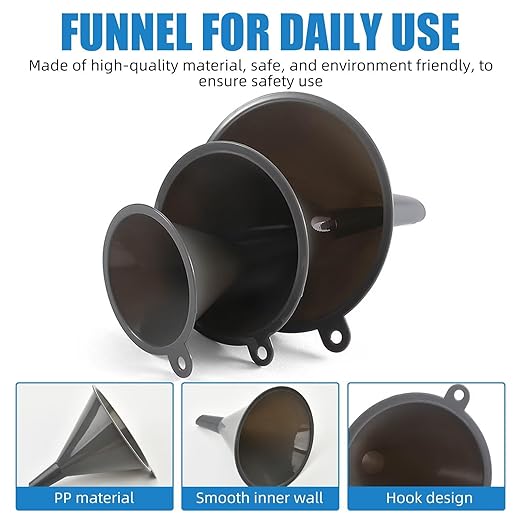 Plastic Kitchen Funnel Set of 3, Round Kitchen Funnels for Filling Bottles, Durable and Multifunctional Funnels for Filling Canning, Cooking, Lab or Car Oil (Gray)