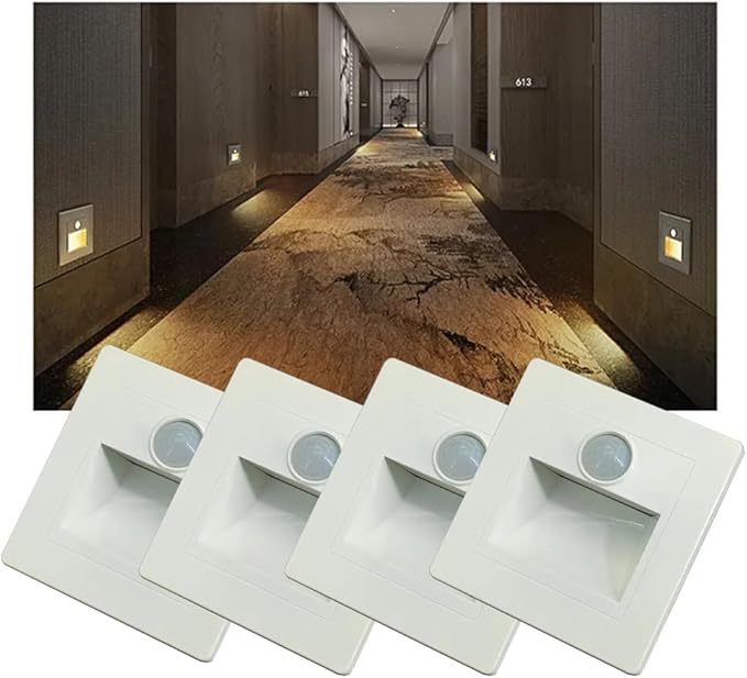 4Pcs Motion Sensor Stair Lights 3W Recessed LED Step Light 3000K Indoor Stair Step Wall Lamp Staircase Bedroom Decoration 4Pcs White
