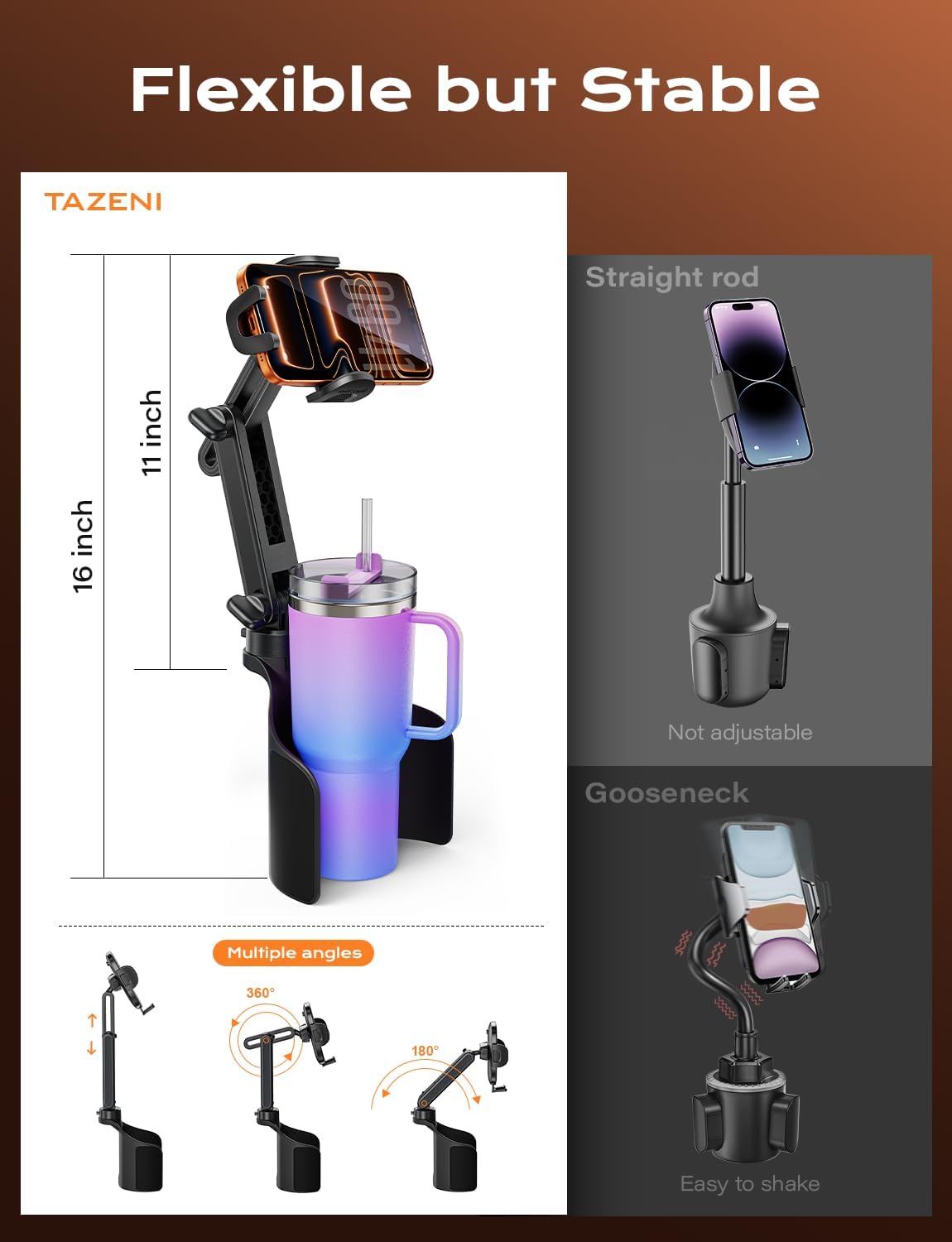 TAZENI 2-in-1 Cup Phone Holder for Car, with 2 Sizes Hollow Bases