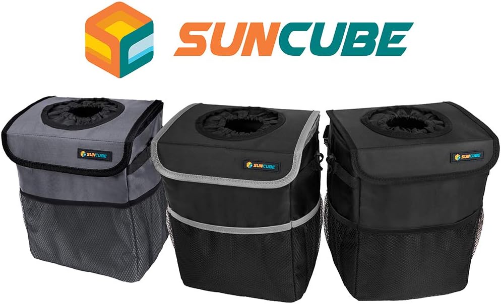 SUN CUBE Waterproof Car Trash Can with Lid, Mesh Pockets | Leakproof Car Garbage Can Hanging | Auto Trash Bin, Garbage Bag Organizer for Headrest, Console, Truck (Dark Gray)