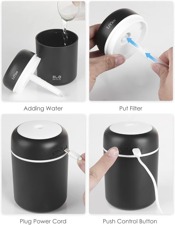 Humidifier Portable Mini Humidifiers for Bedroom, Personal Desktop Cool Mist Air Humidifier with Colorful Night Light, 2 Mist Modes & Auto Shut-Off, Super Quiet for Car Office Home (Black)