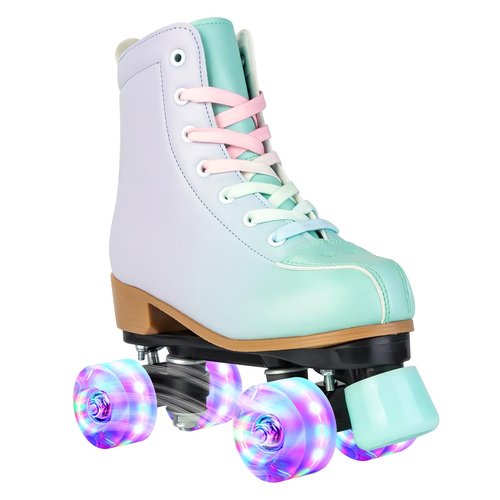 MEIGLQEA Roller Skates for Girls and Women, PU Leather Gradient Green Purple Roller Skates with Flash Wheels, Indoor Outdoor Roller Skates for Youth Beginner Girls Ages 8-12 (32-Youth 1)