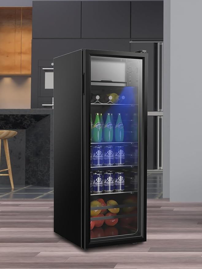 Beverage Refrigerator Cooler 180 Can Freestanding Beverage Cooler with Adjustable Shelving Glass Door for Beer Soda or Wine for Home Office or Bar