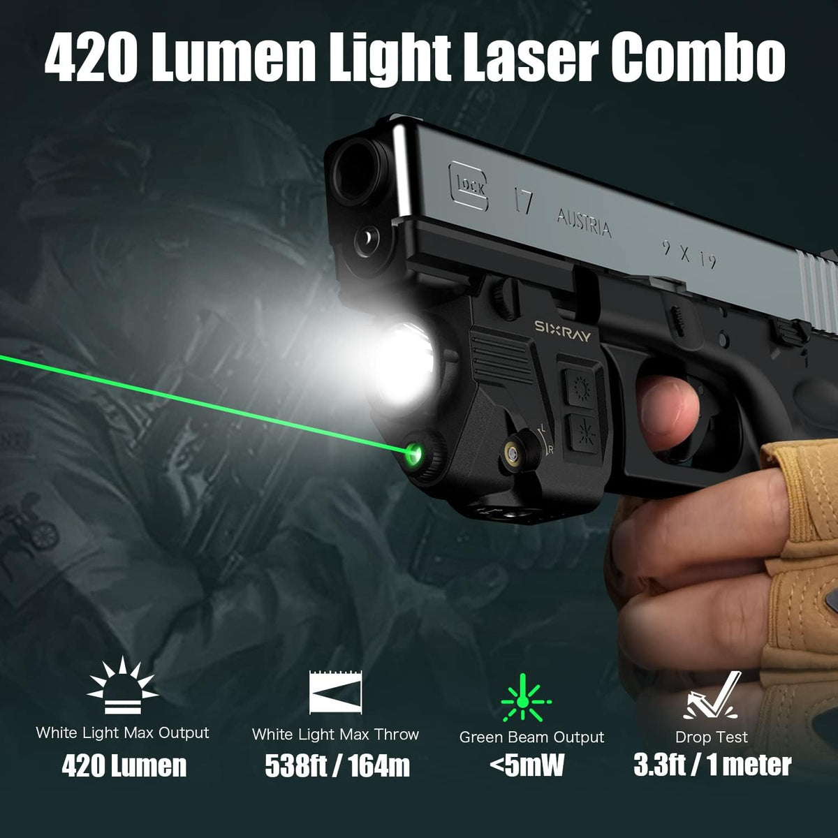 SIXRAY Pistol Light Laser Sight - 420 Lumens LED with Magnetic Charging & Quick Release | Airsoft Compatible