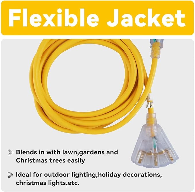 EP 10 Ft 12 Gauge Heavy Duty Extension Cord, 15A 125V 1875W, 3 Outlet Indoor/Outdoor Power Cord with Lighted End, 12/3 SJTW Weatherproof Yellow