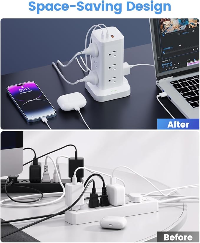 Power Strip Tower with Surge Protector 1800J, Fast Charging Tower PD20W USB-C Ports with 12 AC Outlets, 9.8ft Extension Cord for Home Office Dorm Room, White
