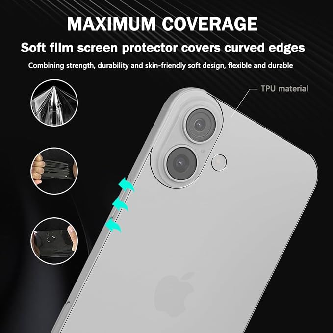 2 Pack for iphone 16 Plus Back Screen Protector Flexible Film Not Tempered Glass