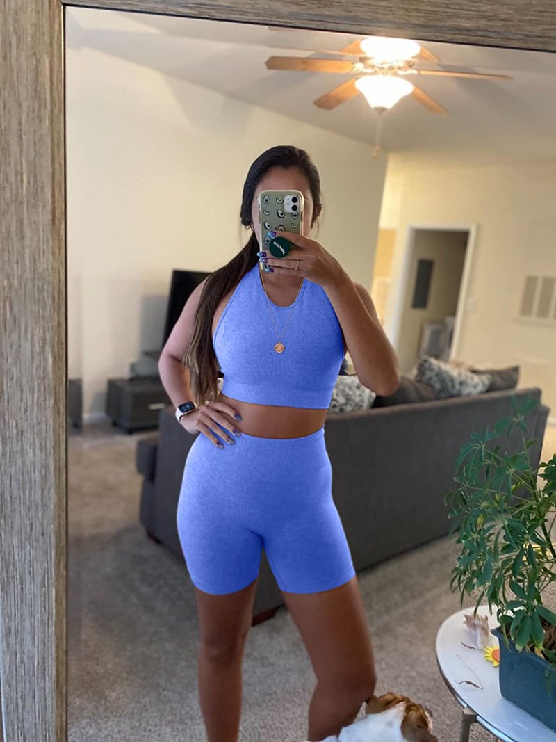 OYS Workout Sets for Women 2 Piece Outfits Seamless High Waisted Yoga Shorts Running Sports Bra Clothes Blue