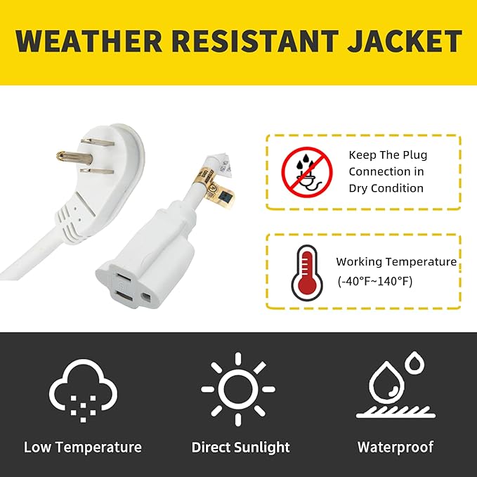 Flat Plug Indoor Extension Cord, UL Listed, 16 Gauge 12FT White 3 Prong Heavy Duty, 16/3 SJTW 13A Power Cord for Lights, Appliances, Home