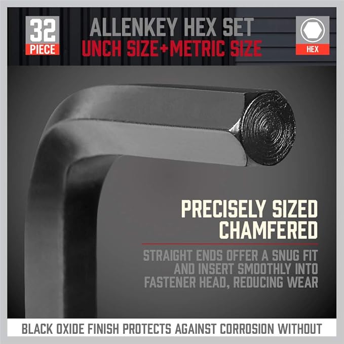 SEDY 32-Piece Hex Key Wrench Set, Metric and SAE Allen Wrenches (0.028-3/8 inch, 0.7-10 mm) L Shape Allen Keys, Chrome Vanadium Steelwith 2x Extension Handle