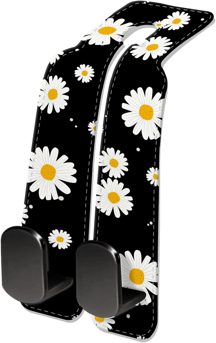 Car Seat Headrest Hook, Universal Leather Cute Hanger Holder Hook, Storage Organizer Interior Accessories for Purse Bags Handbag Black Yellow Sun Moon