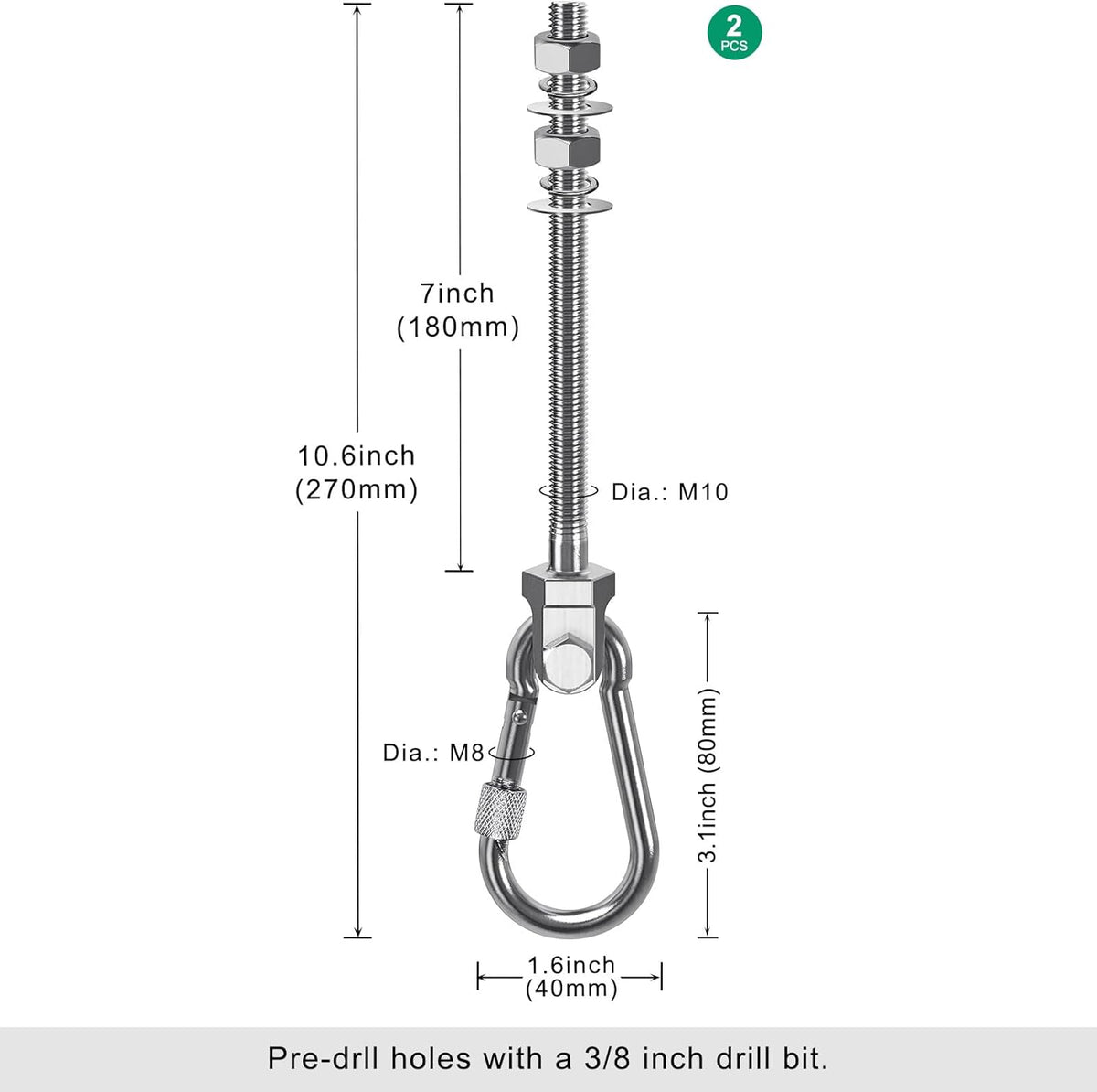 SELEWARE Heavy Duty Swing Hangers - 1500LB Capacity Stainless Steel Hooks for Wood/Steel Beams | 7" x M2/5" Porch Swing Hardware
