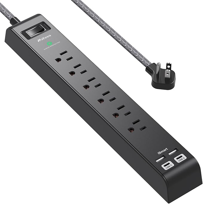 Surge Protector Power Strip - 6 Outlets 4 USB Charging Ports, 5Ft Braided Extension Cord, Flat Plug, Overload Protection, Wall Mount for Home Office, Dorm Room Essentials, Black