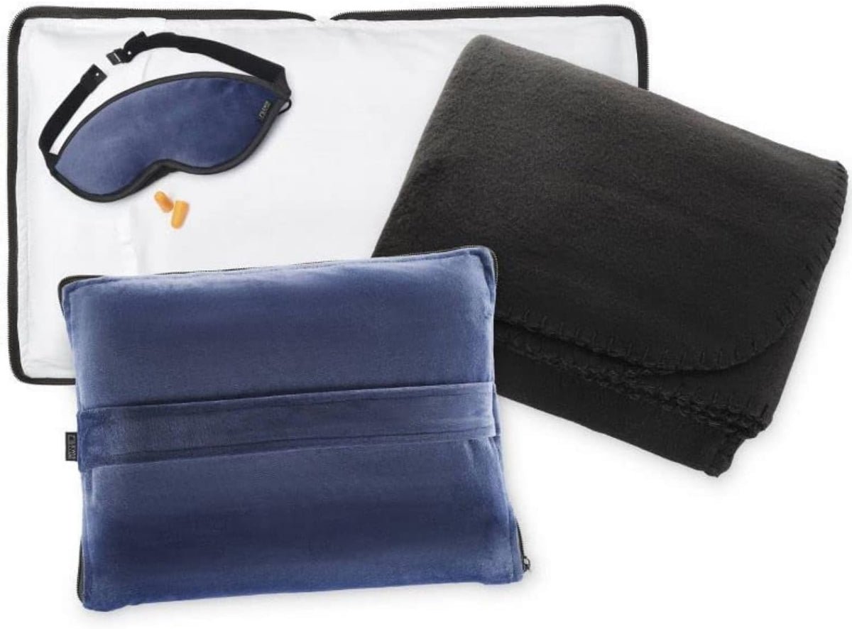Lewis N. Clark Ultimate Comfort Set + Portable Travel Kit for Airplane, Includes Inflatable Pillow + Zippered Carrying Case, Cozy Fleece Blanket, Eye Mask for Sleeping & Foam Ear Plugs, Navy