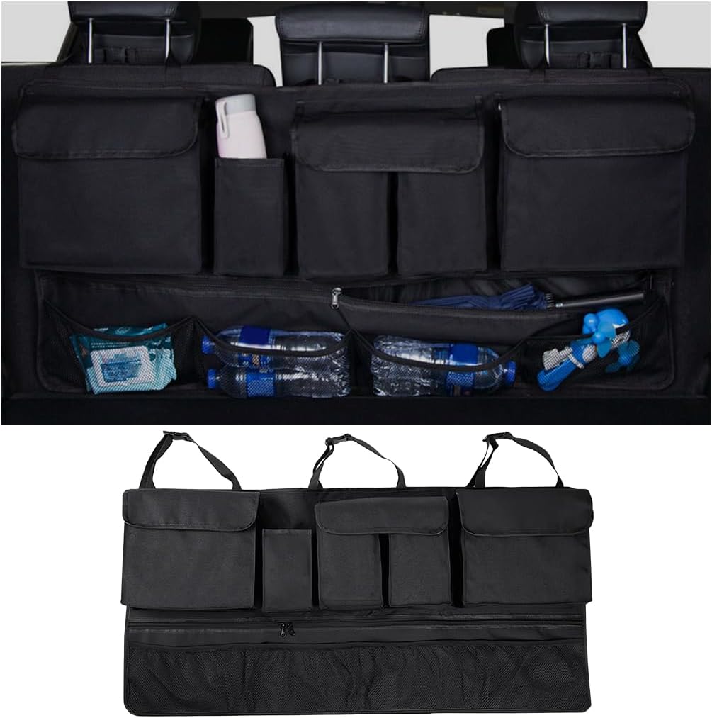 Mandark Car Trunk Organizer, Detachable Vehicle Seatback Hanging Storage Container with Zippers, Large Capacity Waterproof Auto Seat Back Trunk Bag Accessories, Universal for Most Vehicles (Gray)
