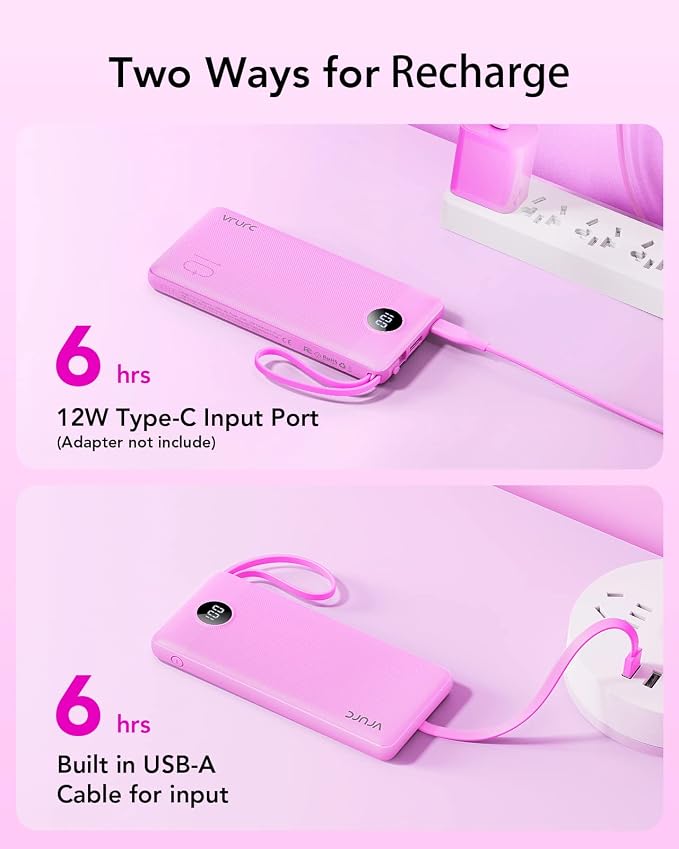 VRURC Portable Charger 10000mAh, Travel Essentials Battery Pack, 5 Output 2 Input Power Bank, Built-in Micro & USB C Cables Phone Charger for iPhone 17 Pro 17 16 15 14 13,Android-Purple(1 Pack)